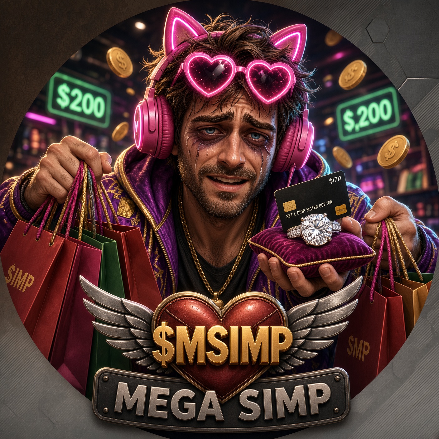 Mega Simp mascot holding shopping bags, a diamond ring and a maxed-out credit card